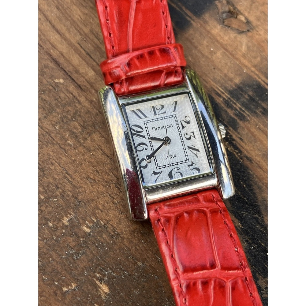 Armitron Now Women's Rectangular Watch Red Leather Strap Silver Needs Battery